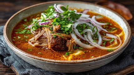 Delicious nihari dish with tender meat, fresh cilantro, and sliced onions.