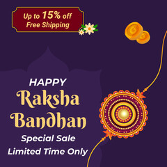 Happy Raksha Bandhan Sale Poster in Purple Background with decorative Rakhi and Up To 15% Off. Vector Illustration of Sale banner. Limited Time Only. Special Sale. 15% off.