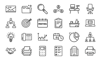 Office and Business Icon Bundle 24 Line Style Work Icons Office Tools, Meeting, Chart, Communication, Desk, Team, Planning Icons 