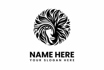 Stylized Black and White LeafAdorned Face Logo Design with Single Eye.