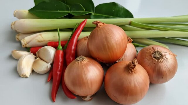 Fresh Asian Cooking Ingredients - A vibrant collection of fresh Asian cooking ingredients, including lemongrass, kaffir lime leaves, garlic, red chilies, and onions, are arranged attractively on a