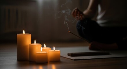 Serene meditation scene with glowing candles and incense smoke in a dimly lit room