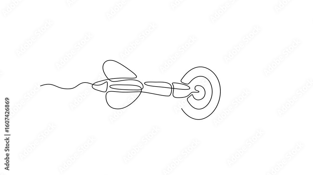 Poster animated self drawing of continuous line draw dart hitting dartboard. target bullseye or arrow on ta