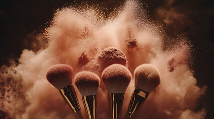 Makeup brushes with powder explosion on dark background beauty concept