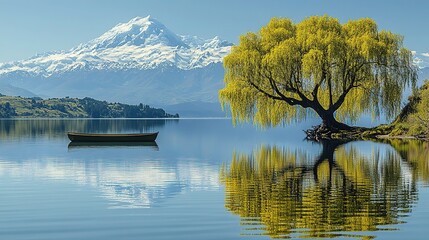 Obraz premium Lone Tree Reflection on Alpine Lake: Snow Mountain Serene Landscape with Deep Blue Water 