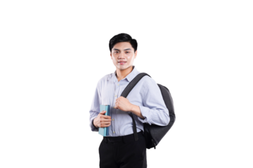Studious Student: Portrait of a focused student, poised for learning, his posture conveying both intellect and approachability. His attire, a crisp shirt and practical backpack.