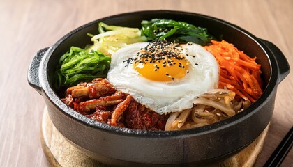 korean bibimbap in a hot stone bowl with kimchi