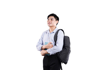 Young Man with Book and Backpack: A portrait of a young man, captured with a shoulder bag and a book, likely embodying student life or an individual preparing for work or study.