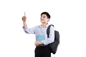 Young man looking upwards: A focused young man holds a book and carries a backpack as he points toward something interesting above, suggesting aspiration and curiosity.