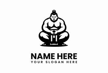 Stylized Sumo Wrestler in Seiza Position with Topknot and Muscular Build.