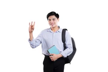 Happy Student Showing Three Fingers: An enthusiastic student, clutching a book, beams at the camera while signaling the number three with his fingers, encapsulating a sense of educational engagement.