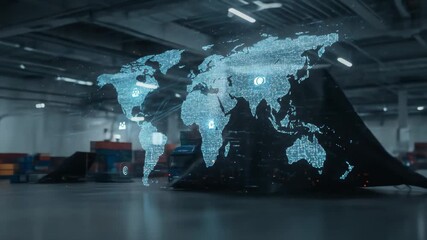 Global Logistics and Supply Chain Network - A futuristic digital world map hologram is overlaid on a warehouse scene, showcasing global shipping and supply chain connections with data points - Powered by Adobe