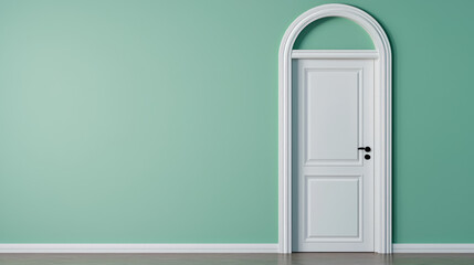 white door with arched top stands against mint green wall, creating modern and stylish interior. clean lines and minimalistic design evoke sense of openness and potential