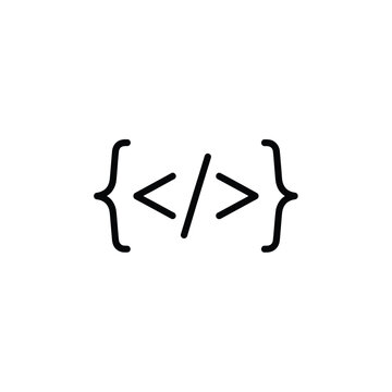 Black Code Symbol with Angle Brackets and Curly Braces on White Background.