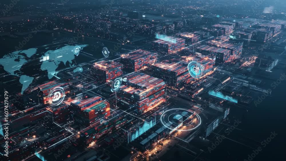 Poster global logistics network - smart port - an aerial view of a bustling container port at night, overla