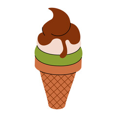 Ice cream cone. Pistachio chocolate ice-cream cartoon colorful icon, summer dessert in waffle cone, flat sweet frozen food with topping. Vector isolated illustration