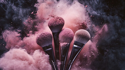 Makeup brushes surrounded by pink powder creating a smoky effect around them
