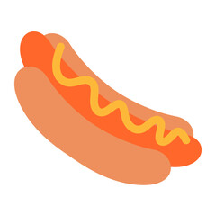 American hotdog. Cartoon hot dog fast food snack, grilled sausage in bread with sauce cheese mustard, delicious unhealthy takeout meal flat style. Vector isolated illustration