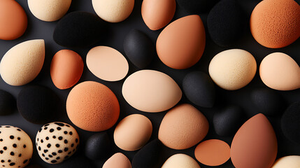 A collection of various colored makeup sponges on a dark background surface