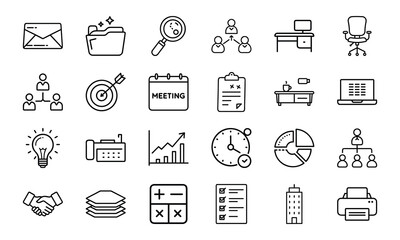 Office and Business Icon Bundle 24 Line Style Work Icons Office Tools, Meeting, Chart, Communication, Desk, Team, Planning Icons 