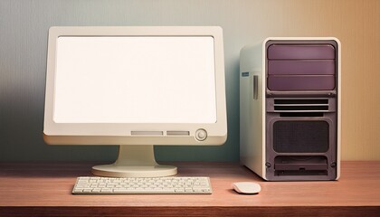 Fototapeta premium retro office interior white vintage pc with blank white monitor near cooler and 3d rendering open space