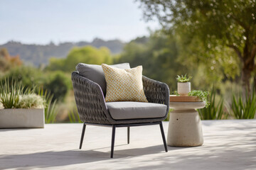 Fototapeta premium stylish outdoor lounge chair showcasing latest furniture trends sits gracefully against pristine monochromatic