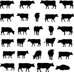A collection of twenty-five black cow silhouettes in various poses and orientations, arranged in a grid pattern on a white background.