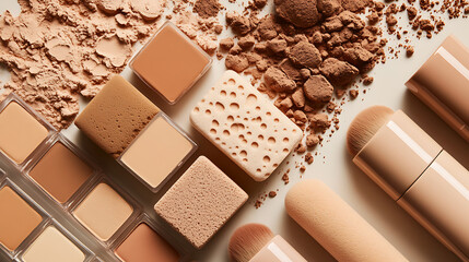 Arrangement of makeup palette brushes and powder on a light background
