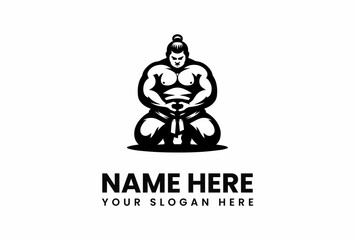 Sumo Wrestler Silhouette in a Meditative Pose with Topknot and Muscular Physique.