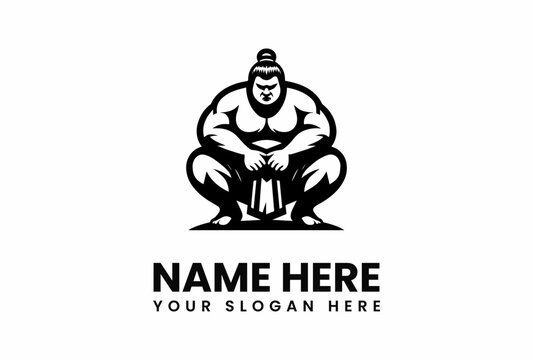 Sumo Wrestler in Squatting Pose Bold Black and White Logo Design.