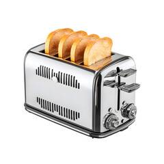 Shiny chrome four slice toaster with golden brown toast popping up isolated on transparent background