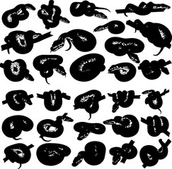 A collection of black silhouette illustrations depicting various snakes coiled, wrapped around branches, and in different poses.