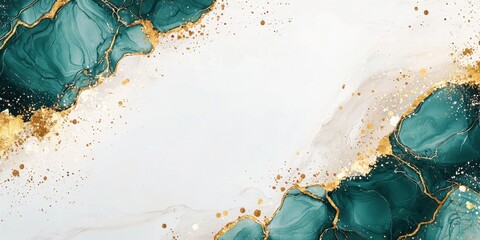 Abstract Fluid Art with Teal and Gold Accents on White Background