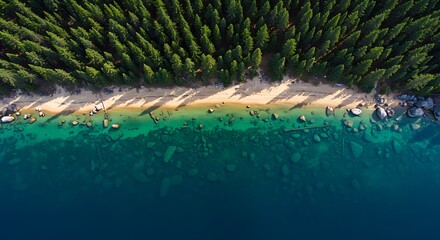 Aerial view of a shoreline with a sandy beach, clear water, and a dense forest.