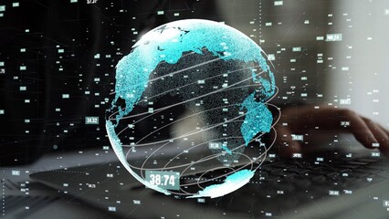 This abstract digital globe showcases data visualization with a modern aesthetic, emphasizing global connectivity and technology in vibrant blue and green tones. Xenic