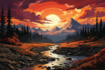 Sunset in the mountains and river landscape scene vector and illustration