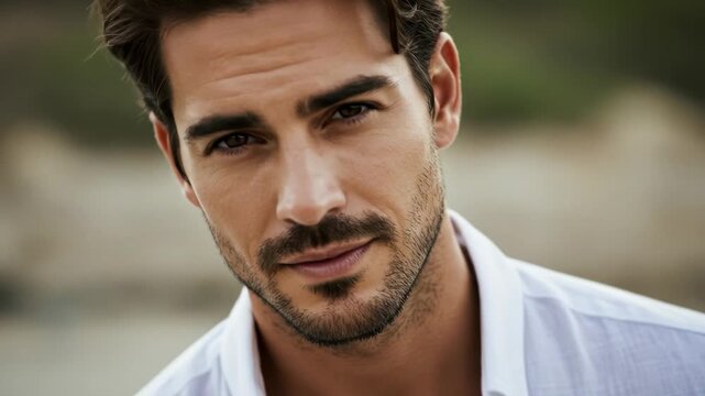 Handsome Man Portrait Outdoors - Close-up portrait of a handsome man with dark brown hair and a beard, wearing a white shirt.