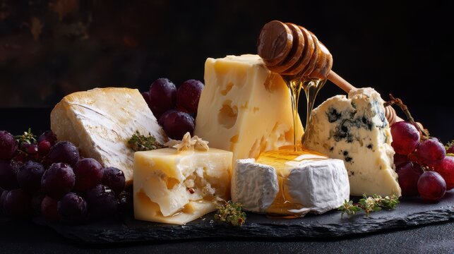 various cheeses with grapes and honey on a dark background, with copy space