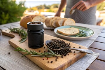 Outdoor Breakfast Table with Fresh Black Peppercorns in Grinder, Sliced Artisan Bread, and Fresh Rosemary – Healthy Morning Meal and Natural Food Preparation Concept