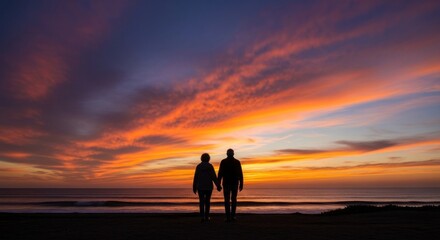 Fototapeta premium Silhouetted couple holding hands on beach at sunset with vibrant orange and purple sky