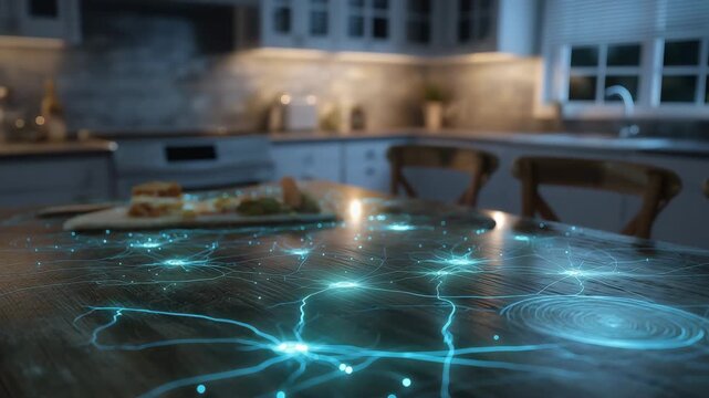 Table with a blue light shining on it. conceptual glowing salmonella germs spreading on kitchen counter, salmonella outbreak