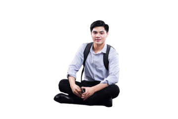 Content Student Casual Portrait: A young, well-groomed student sits casually with a backpack, radiating confidence and a relaxed vibe, suggesting both readiness and approachability.