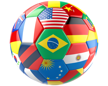 soccer ball flags design 3d-illustration, focus on the flag of Russia and Germany