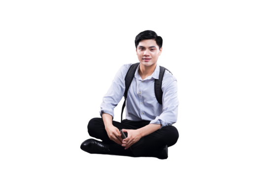 Content Student Casual Portrait: A young, well-groomed student sits casually with a backpack, radiating confidence and a relaxed vibe, suggesting both readiness and approachability.