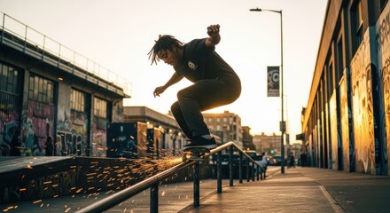 Skateboarder grinds rail, sparks fly, urban sunset backdrop, dynamic action shot