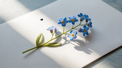 Delicate blue forget-me-not flowers rest on textured paper with soft light