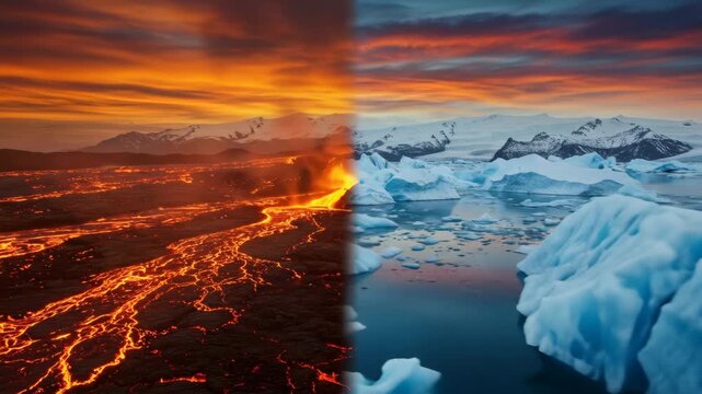 Fire and Ice: Dramatic Volcanic Eruption and Glacial Landscape - A stunning split-screen video showcases the contrasting beauty of a volcanic eruption spewing fiery lava against a serene glacial