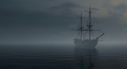 A tall ship sails on a calm sea shrouded in heavy fog under a cloudy, overcast sky.