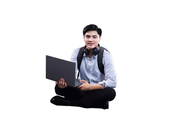 Young man with Laptop: A young man wearing a casual button-down shirt, backpack, and headphones...