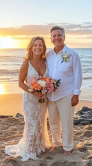 Romantic beach wedding portrait capturing a joyful couple in golden sunset light, with ocean waves and rocky shore creating a breathtaking backdrop for their special day